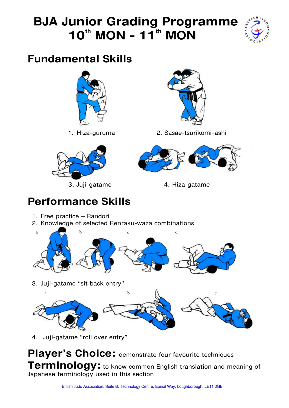 Pictorial syllabus sheet for the 10th Mon to 11th Mon grading, with step-by-step drawings of each required skill.