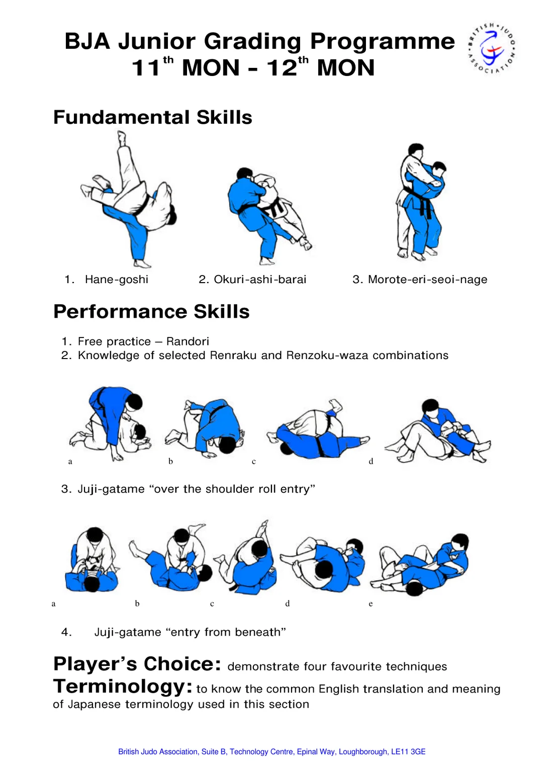 Pictorial syllabus sheet for the 11th Mon to 12th Mon grading, with step-by-step drawings of each required skill.