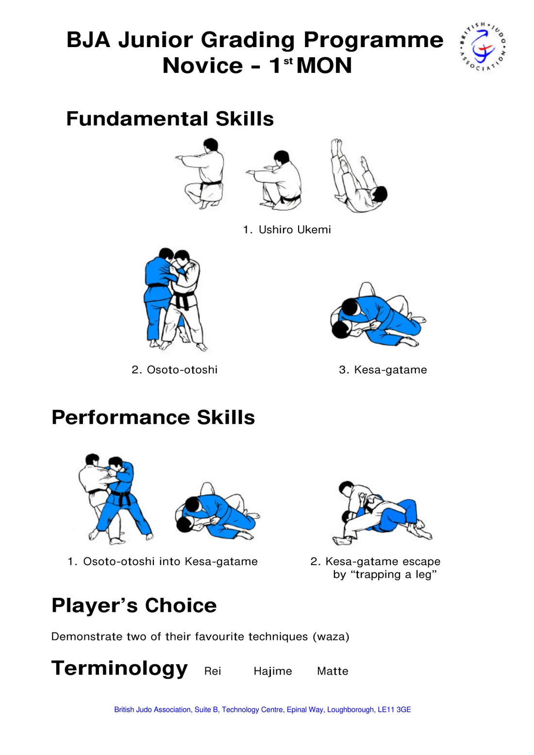 Pictorial syllabus sheet for the Novice to 1st Mon grading, with step-by-step drawings of each required skill.