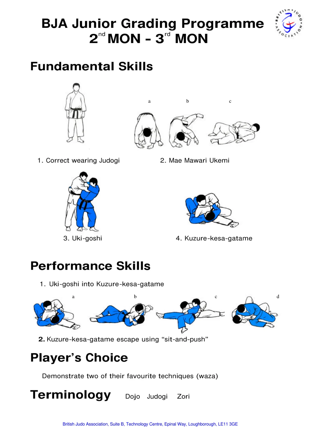 Pictorial syllabus sheet for the 2nd Mon to 3rd Mon grading, with step-by-step drawings of each required skill.