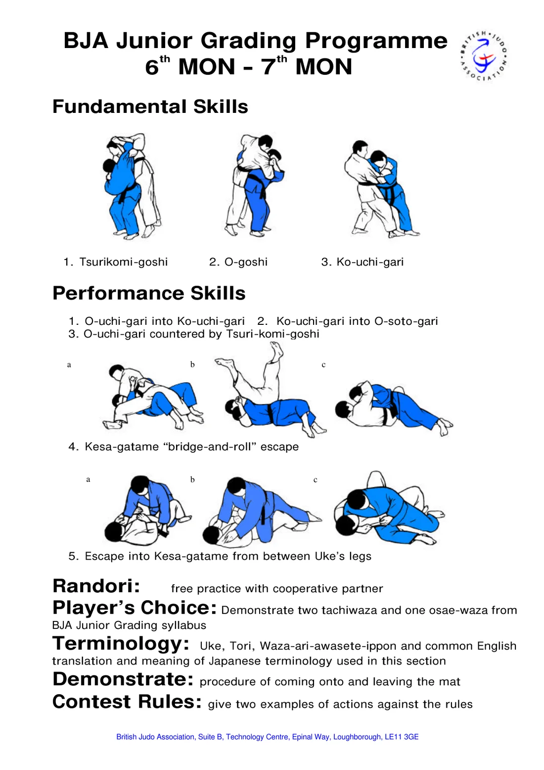 Pictorial syllabus sheet for the 6th Mon to 7th Mon grading, with step-by-step drawings of each required skill.