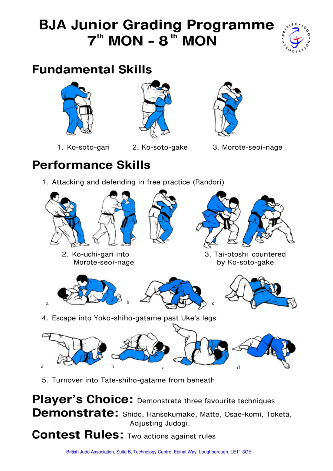 Pictorial syllabus sheet for the 7th Mon to 8th Mon grading, with step-by-step drawings of each required skill.
