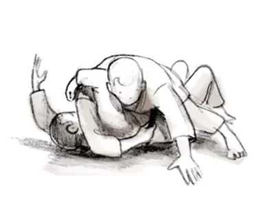 Illustrated sequence of Kuzure-tate-shiho-gatame, the modified vertical four-quarter hold.