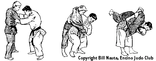 Illustrated sequence of O-goshi, the major hip throw.