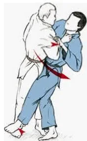 Illustrated sequence of Sasae-tsurikomi-ashi, the propping drawing ankle throw.